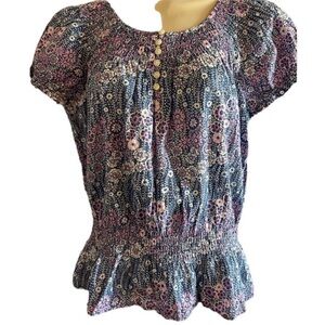 Izod Purple and Blue Peplum Blouse with Puff Sleeves